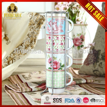 8OZ Elegant White Porcelain Stackable Coffee Mugs with Rack